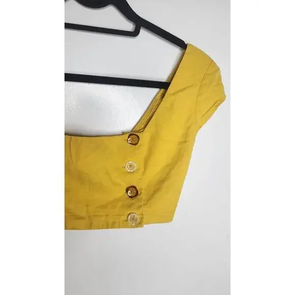 Urban Outfitters Crop Top Small Yellow Linen Blend Square Neck Buttons Academia - Picture 2 of 6